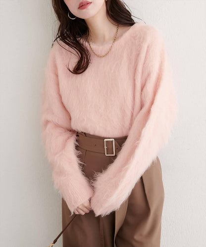 長款羽毛圓領針織套頭衫