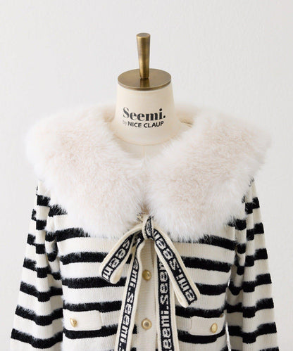 【Seemi.】毛絨翻領條紋開衫