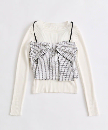 蝴蝶結吊帶背心與羅紋針織衫套裝