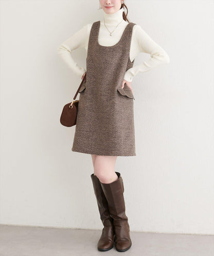 混色仿羊毛迷你揹帶裙