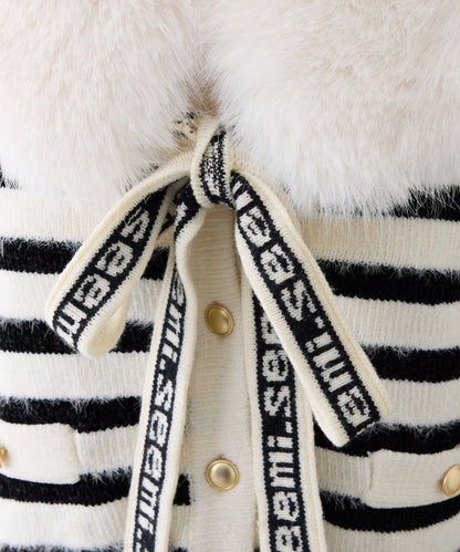 【Seemi.】毛絨翻領條紋開衫