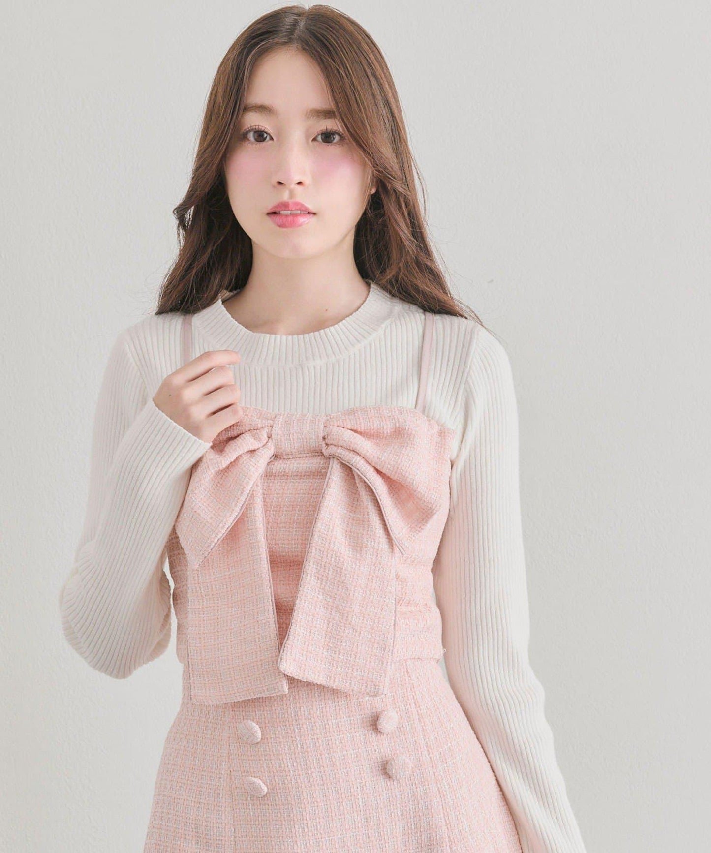 蝴蝶結吊帶背心與羅紋針織衫套裝