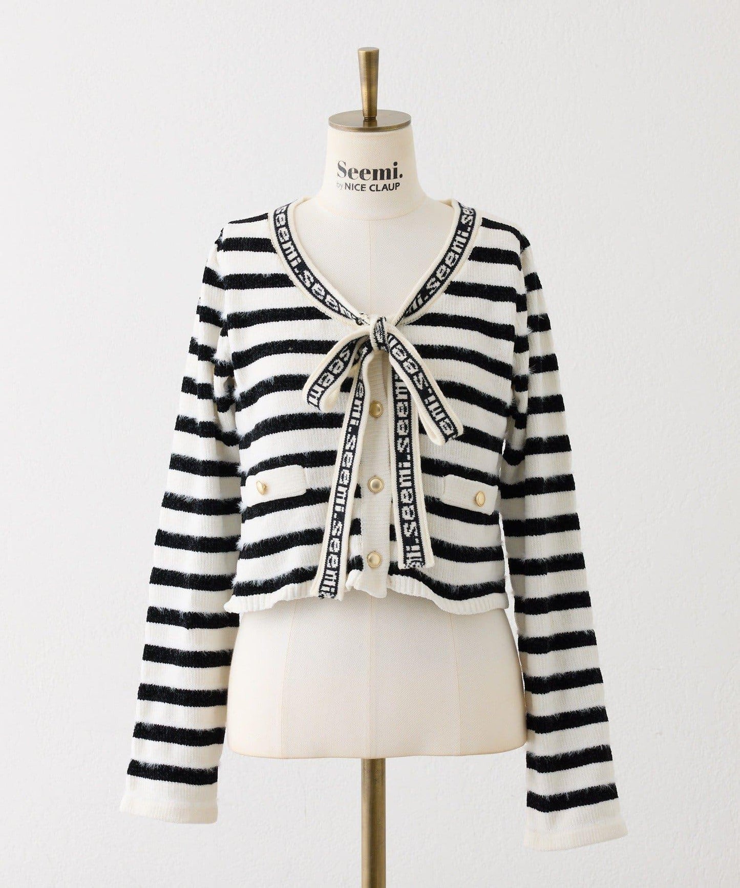 【Seemi.】毛絨翻領條紋開衫