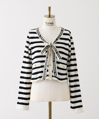 【Seemi.】毛絨翻領條紋開衫