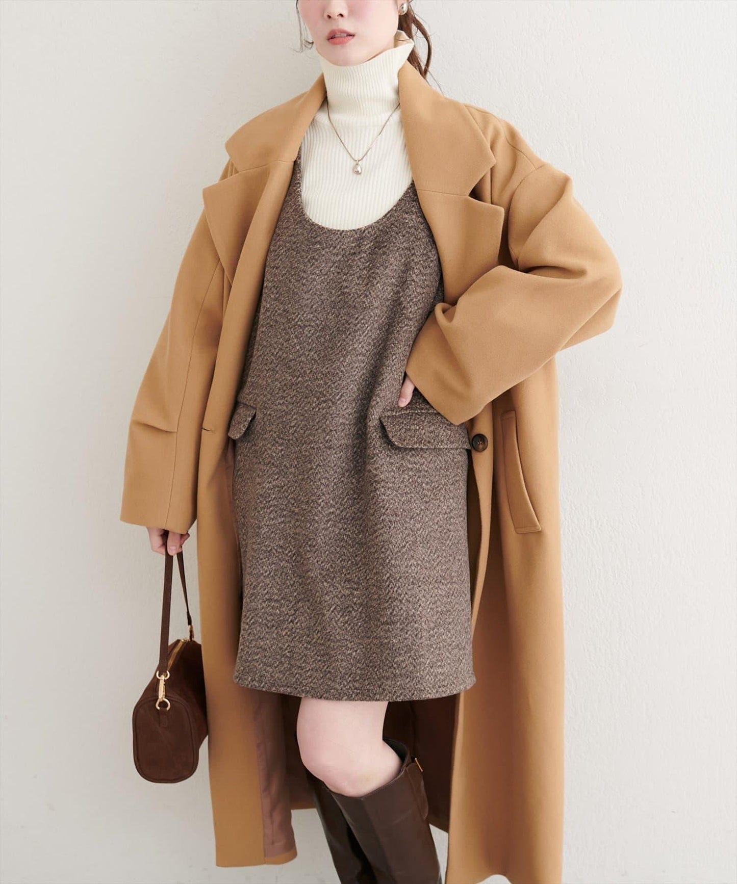 混色仿羊毛迷你揹帶裙