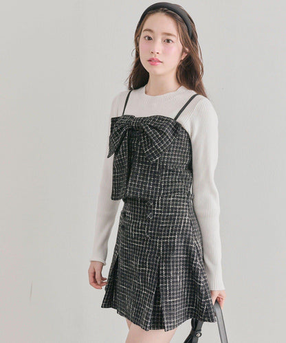 蝴蝶結吊帶背心與羅紋針織衫套裝