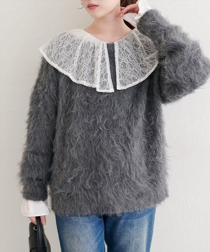 長款羽毛圓領針織套頭衫