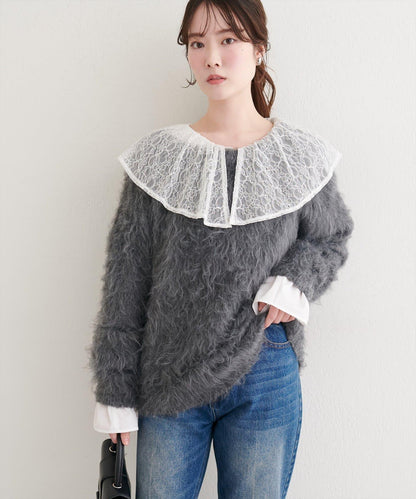 長款羽毛圓領針織套頭衫