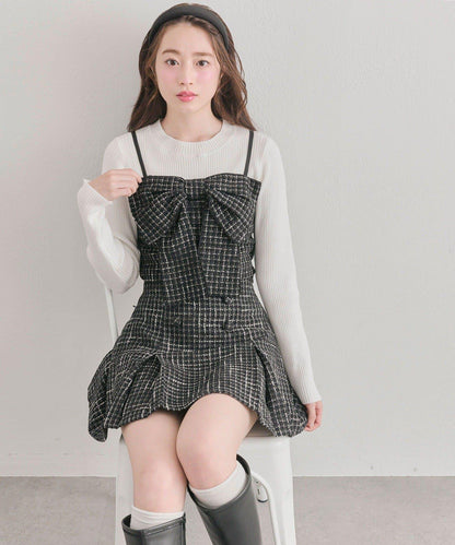 蝴蝶結吊帶背心與羅紋針織衫套裝