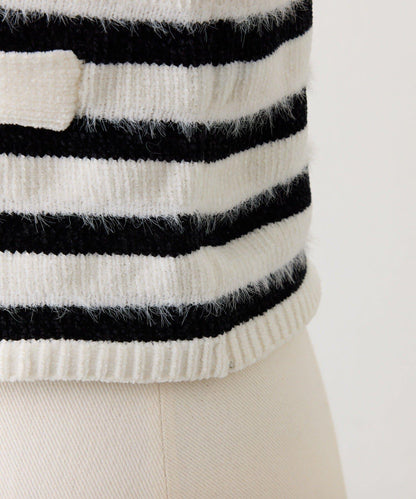 【Seemi.】毛絨翻領條紋開衫