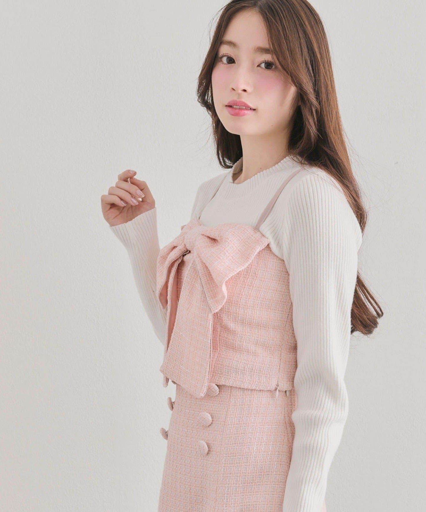 蝴蝶結吊帶背心與羅紋針織衫套裝