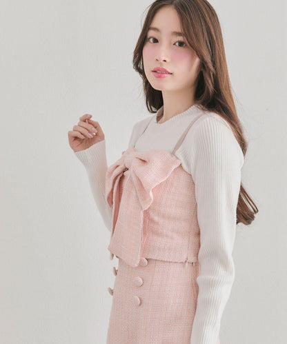 蝴蝶結吊帶背心與羅紋針織衫套裝