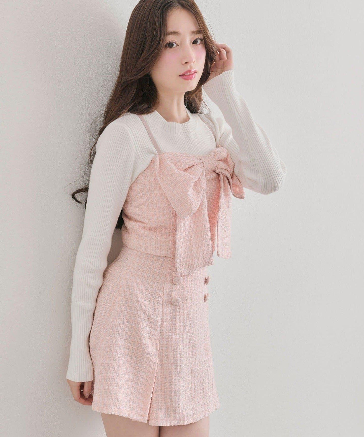 蝴蝶結吊帶背心與羅紋針織衫套裝