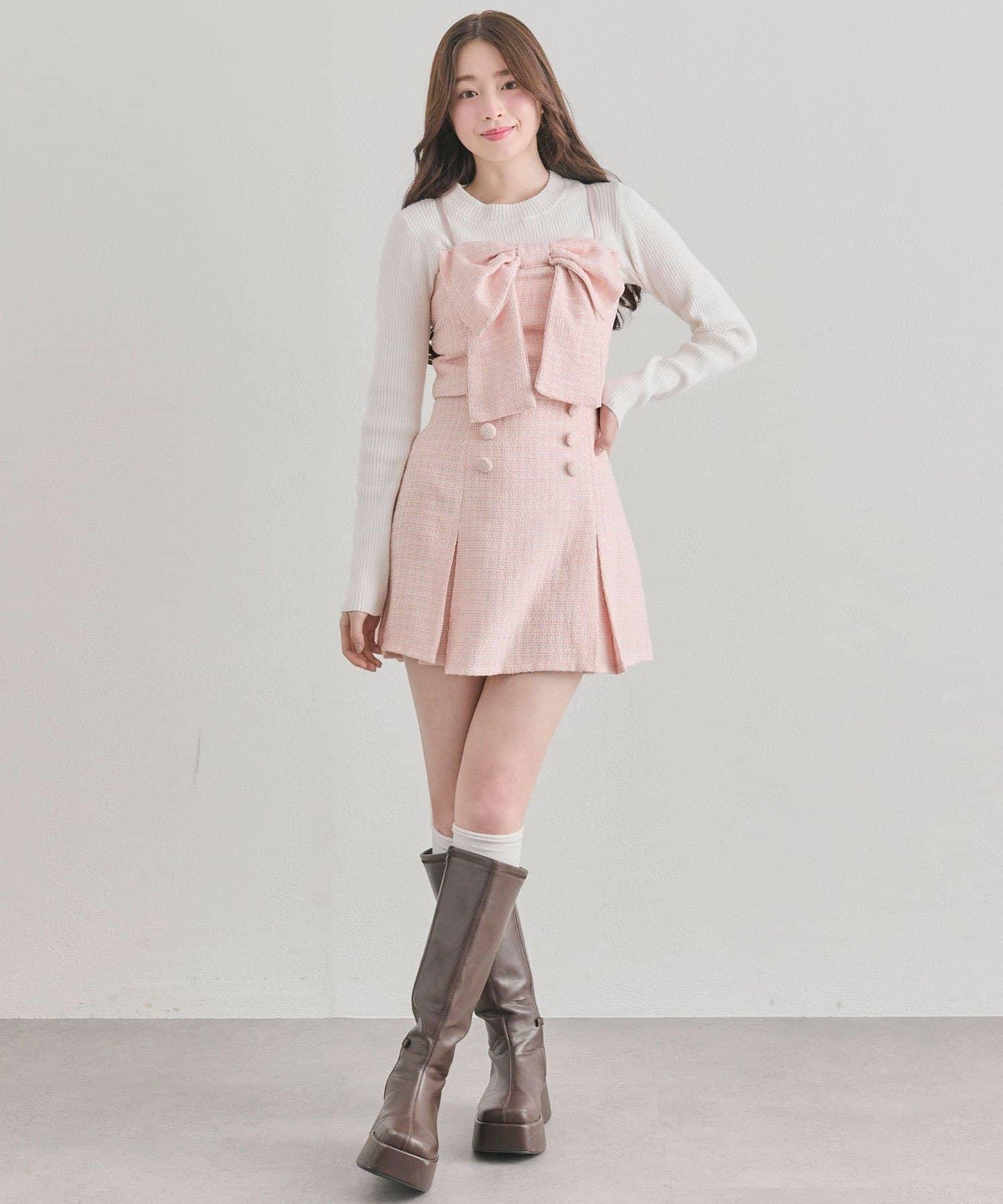 蝴蝶結吊帶背心與羅紋針織衫套裝