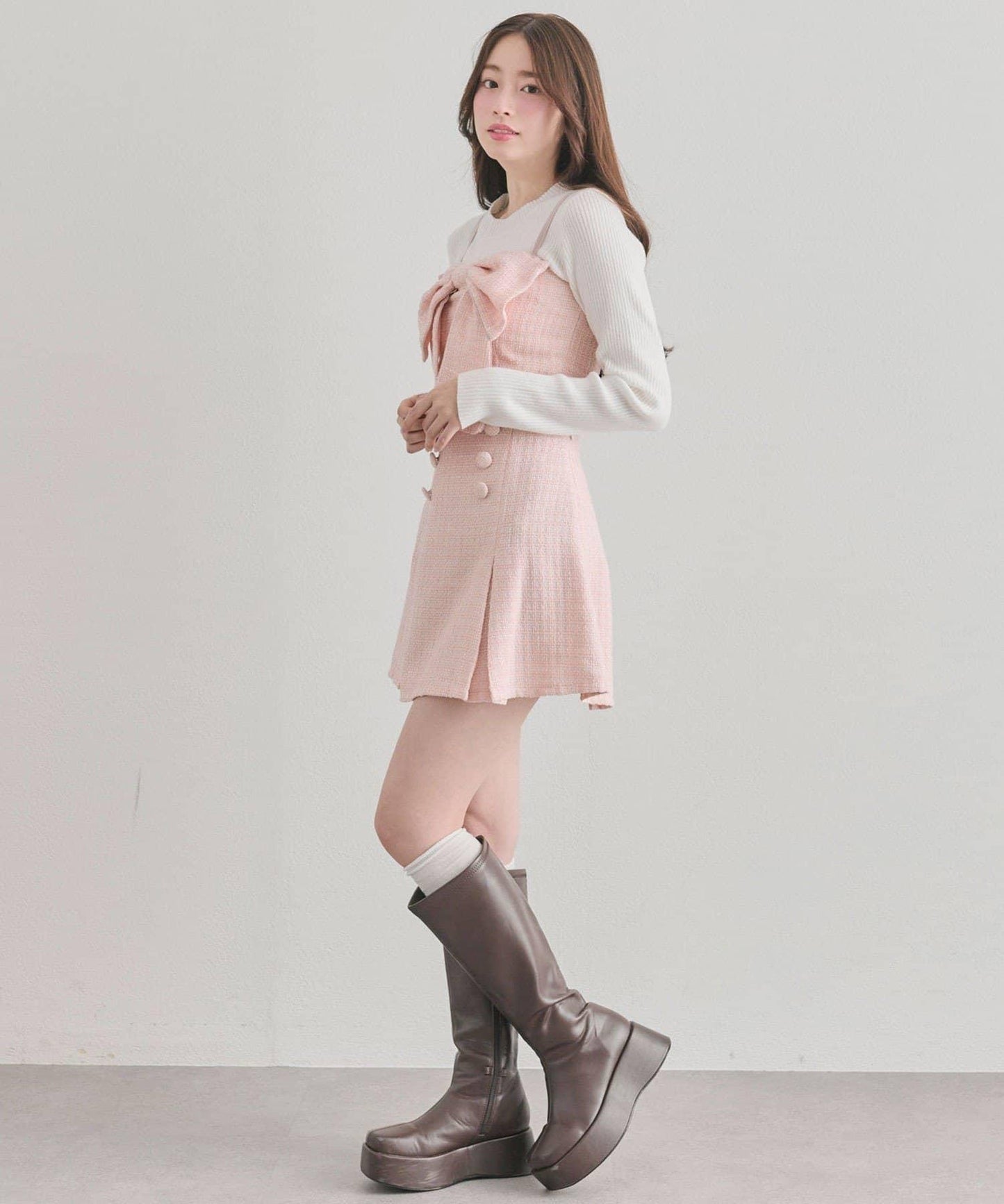 蝴蝶結吊帶背心與羅紋針織衫套裝