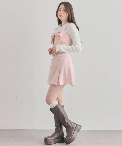 蝴蝶結吊帶背心與羅紋針織衫套裝