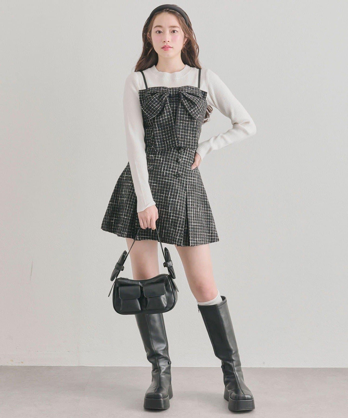 蝴蝶結吊帶背心與羅紋針織衫套裝