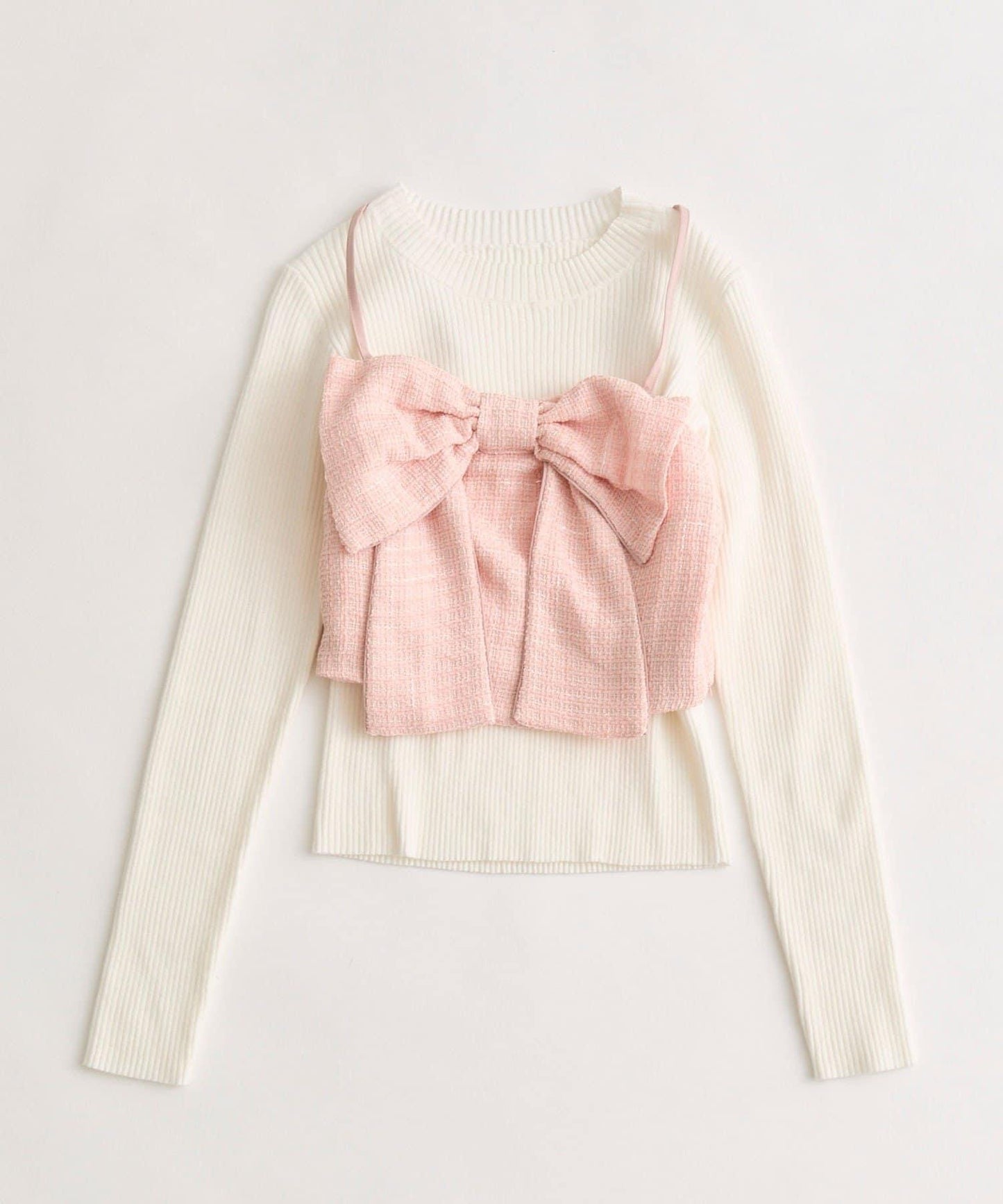 蝴蝶結吊帶背心與羅紋針織衫套裝