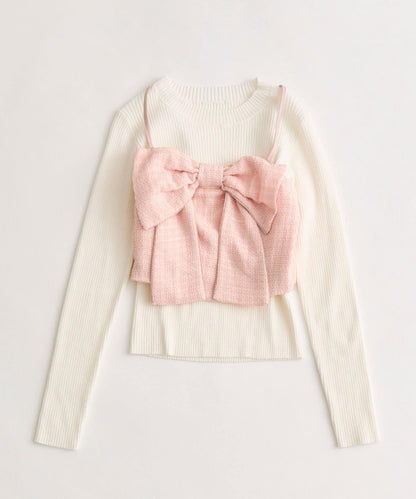 蝴蝶結吊帶背心與羅紋針織衫套裝