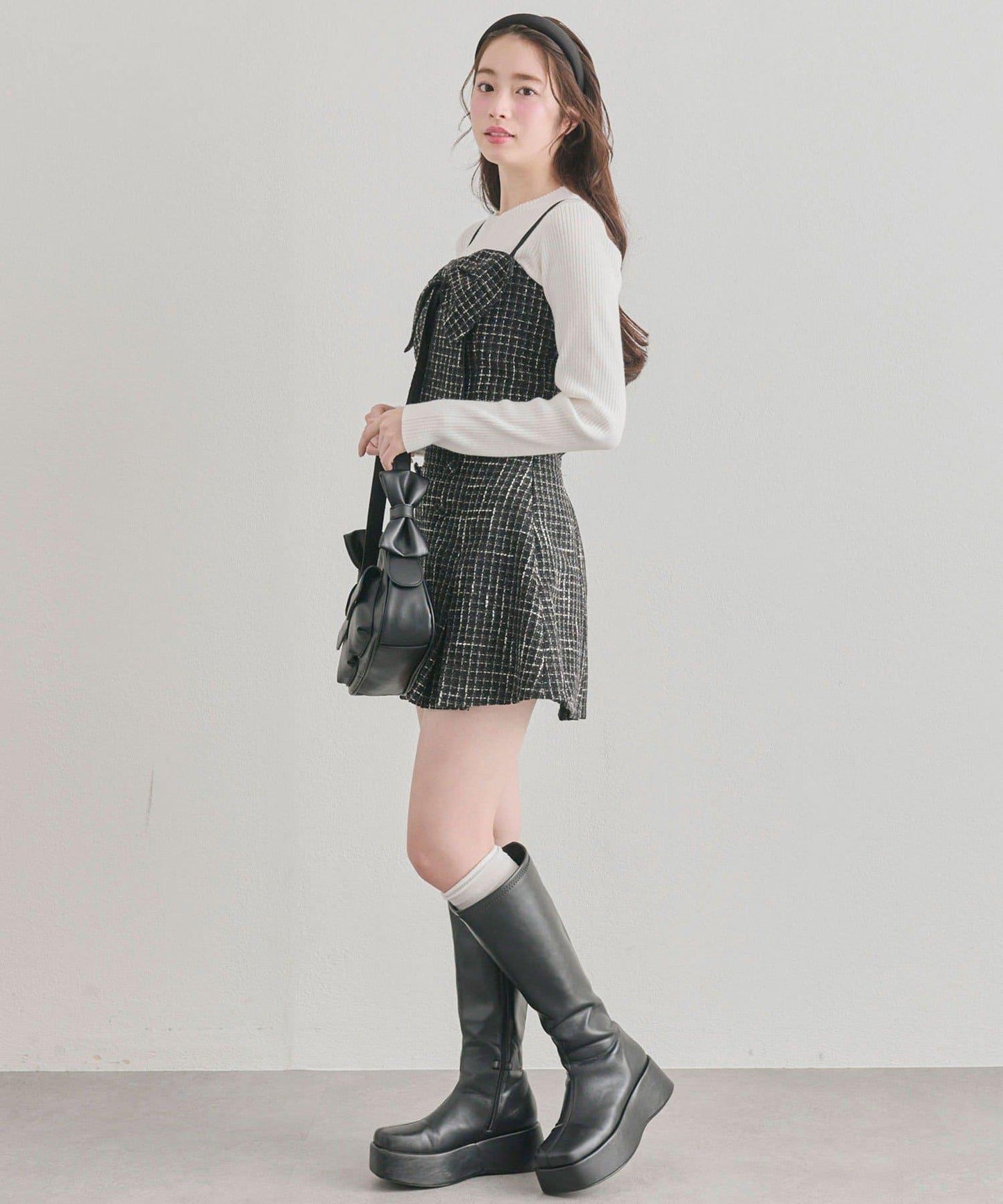 蝴蝶結吊帶背心與羅紋針織衫套裝