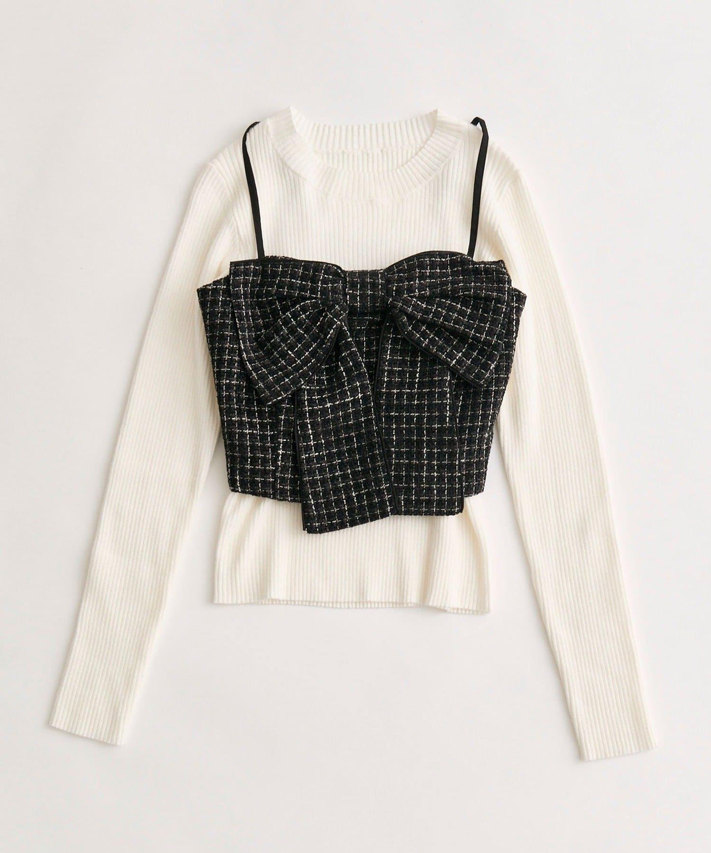 蝴蝶結吊帶背心與羅紋針織衫套裝