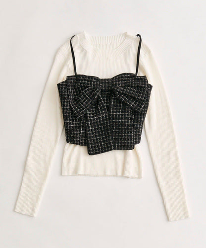 蝴蝶結吊帶背心與羅紋針織衫套裝