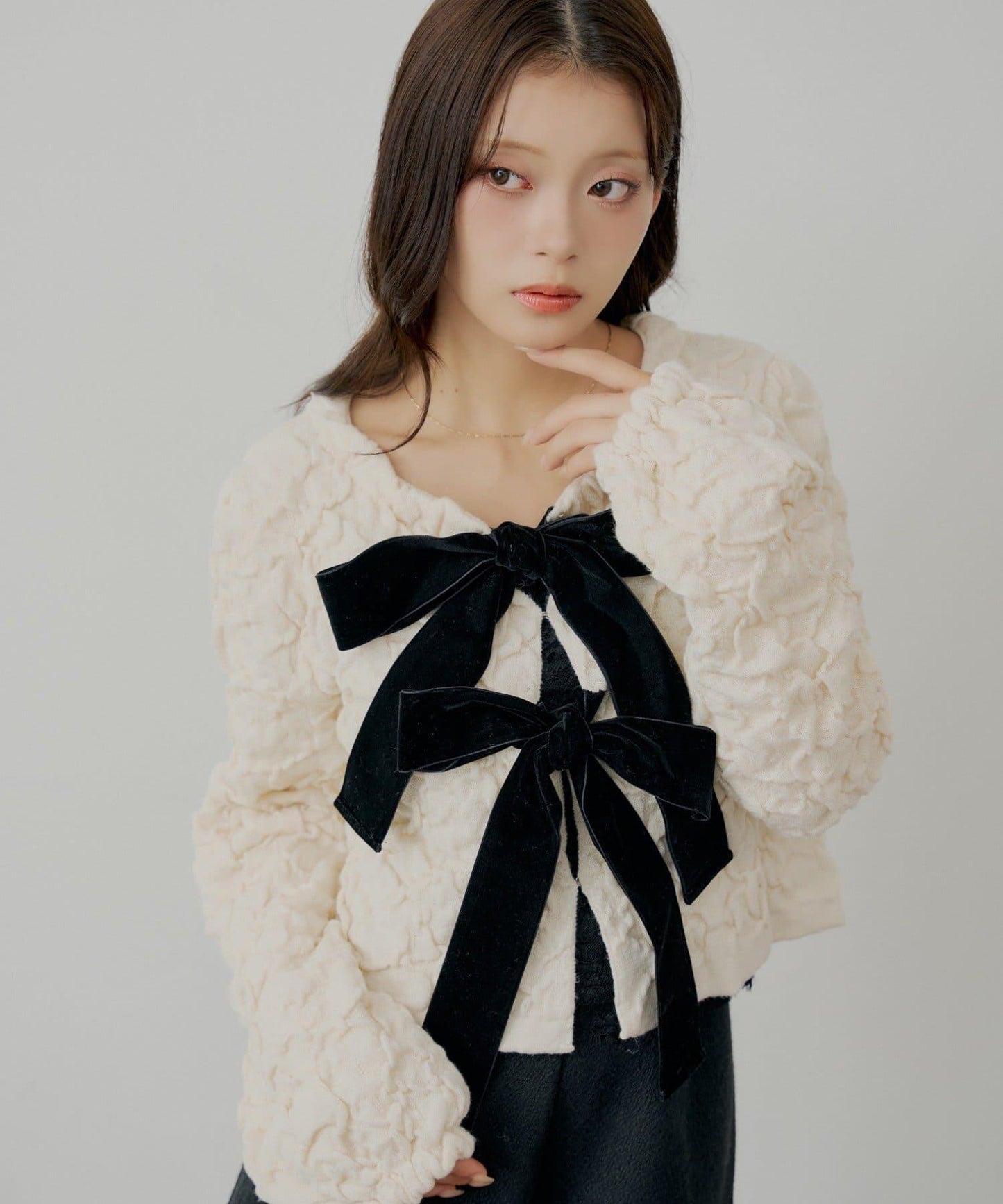 前後兩穿撞色前綁帶開衫