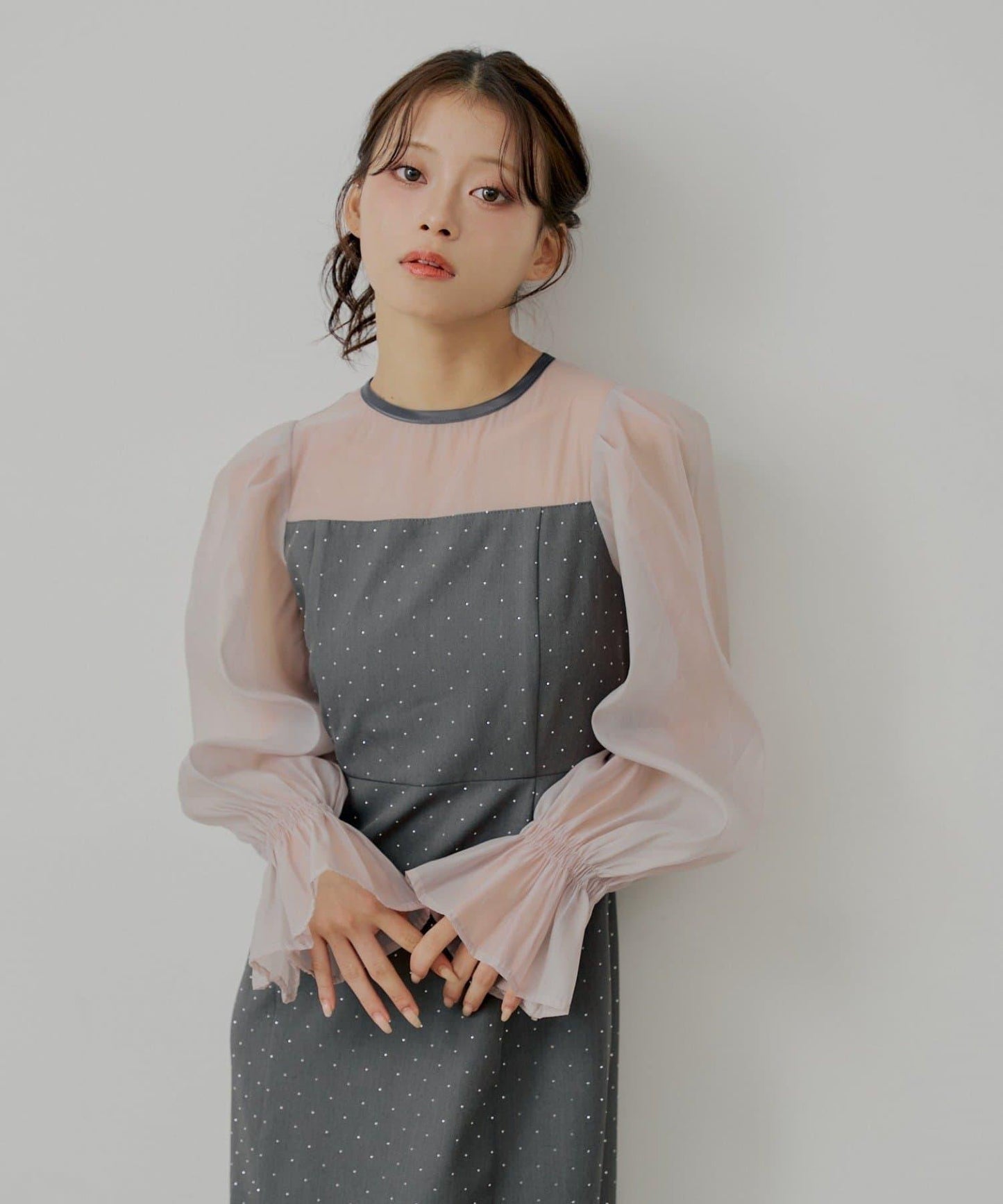 【/SALON by Chico】拼色透視修身長款連衣裙/宴會禮服