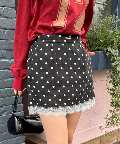 〈波點/條紋/純色〉蕾絲拼接下襬迷你裙