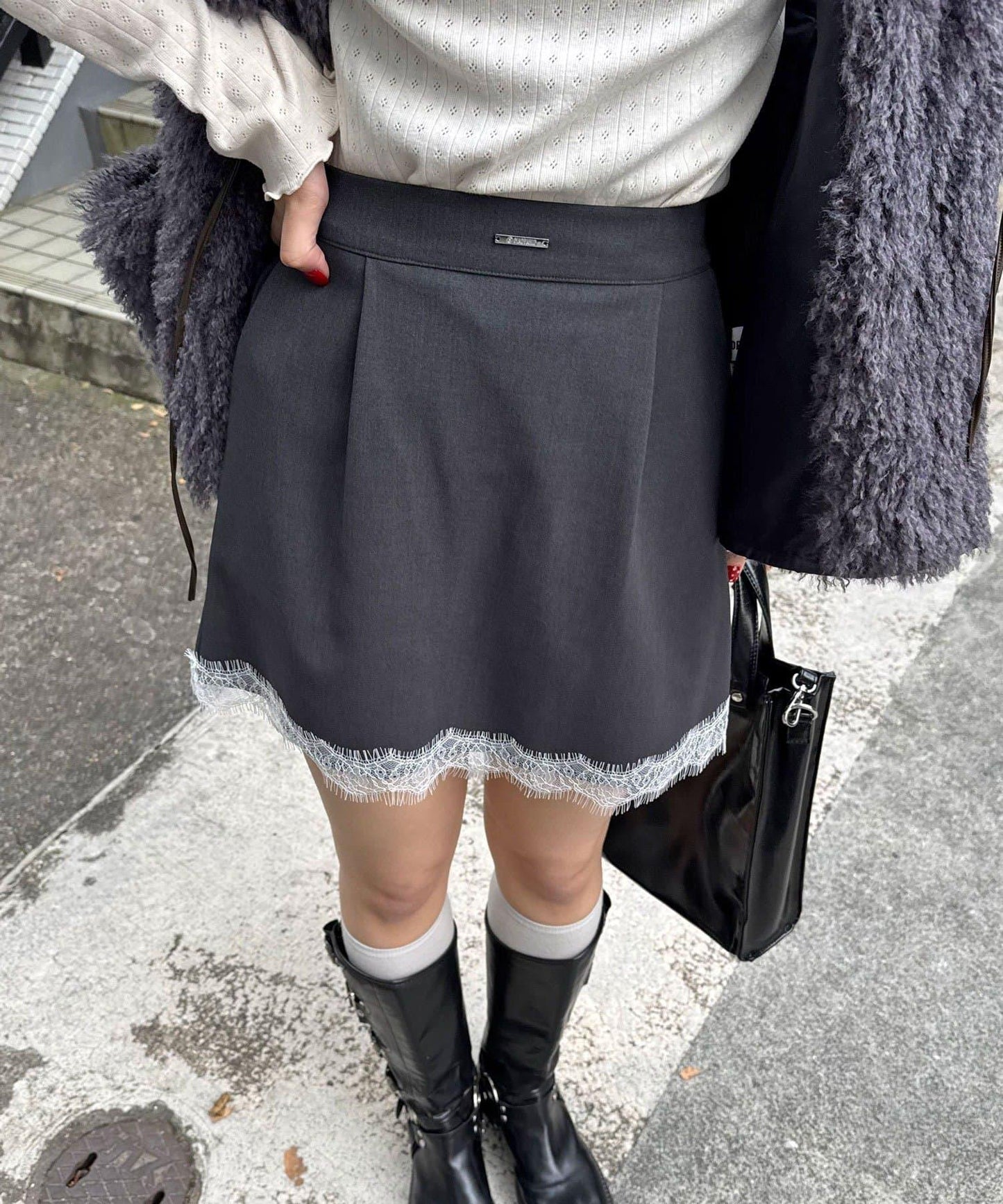 〈波點/條紋/純色〉蕾絲拼接下襬迷你裙