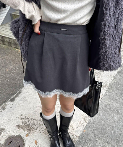 〈波點/條紋/純色〉蕾絲拼接下襬迷你裙