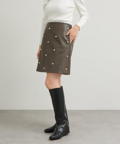 【sanaセレクト】珍珠裝飾人造皮迷你裙