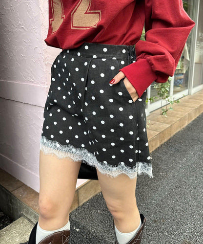 〈波點/條紋/純色〉蕾絲拼接下襬迷你裙