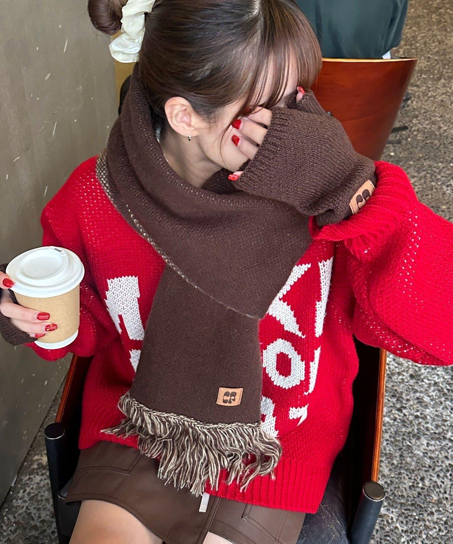 混色圖案流蘇圍巾