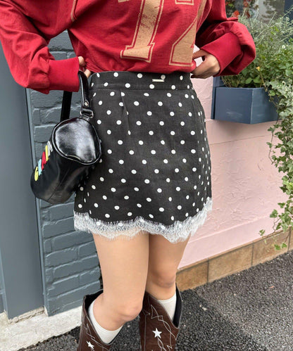 〈波點/條紋/純色〉蕾絲拼接下襬迷你裙