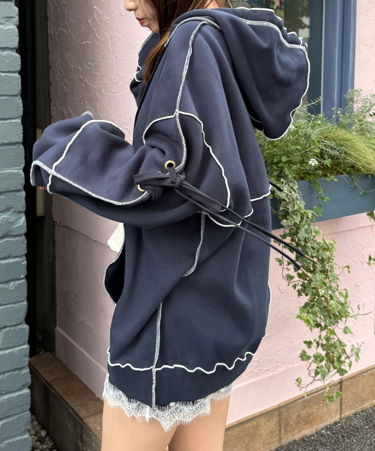 內加絨蕾絲袖邊波浪邊連帽衛衣