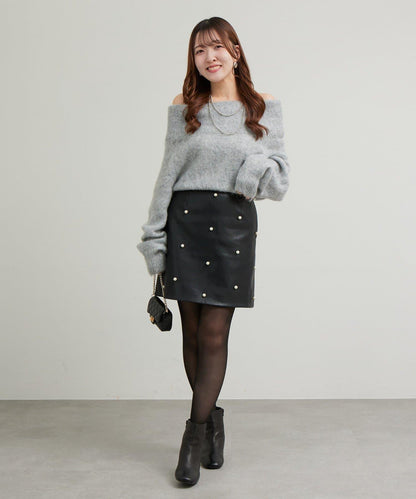 【sanaセレクト】珍珠裝飾人造皮迷你裙