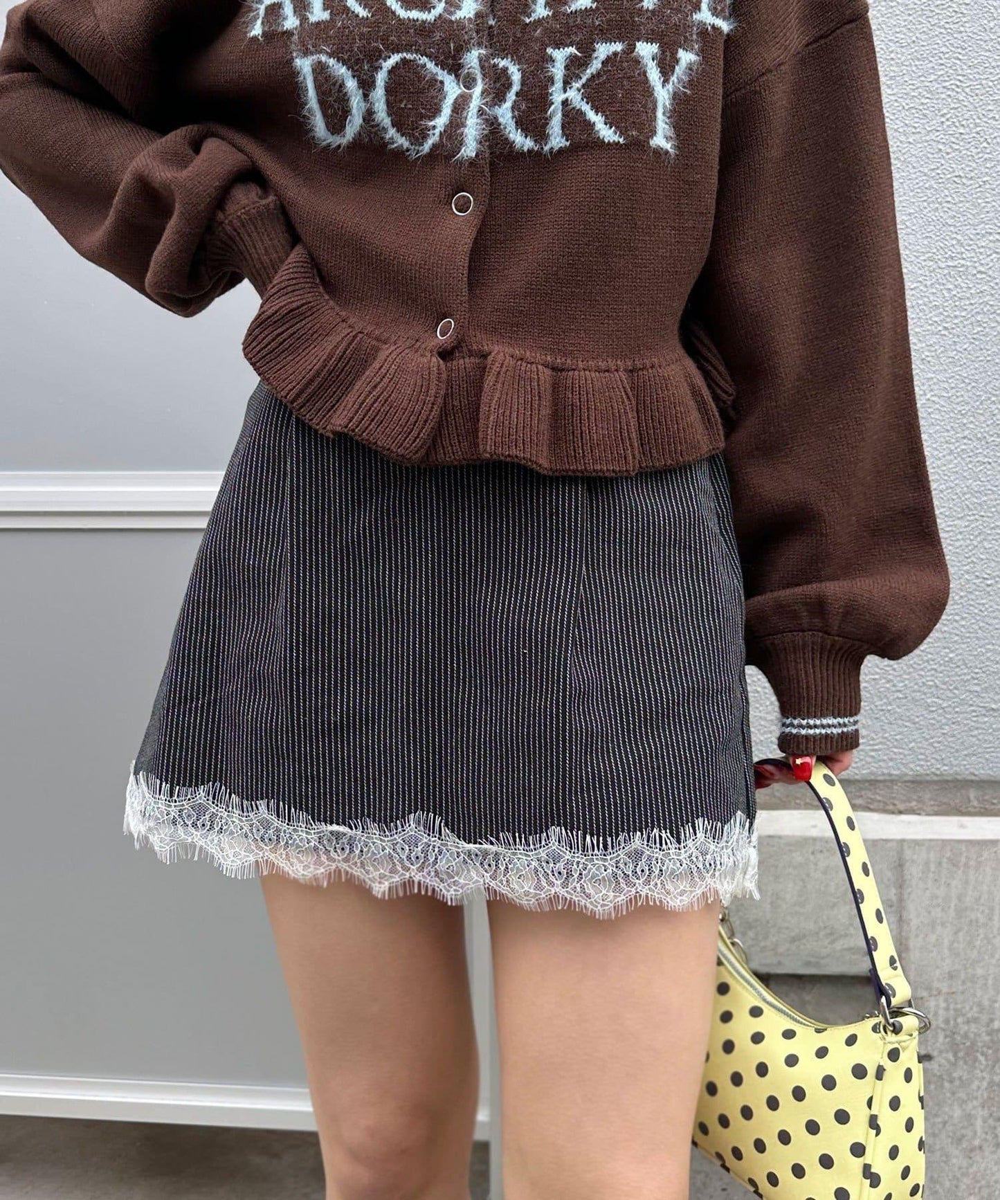 〈波點/條紋/純色〉蕾絲拼接下襬迷你裙