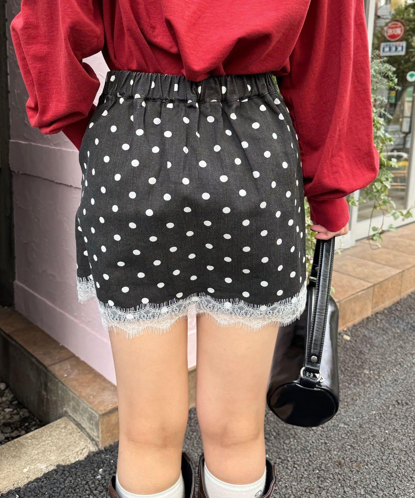 〈波點/條紋/純色〉蕾絲拼接下襬迷你裙