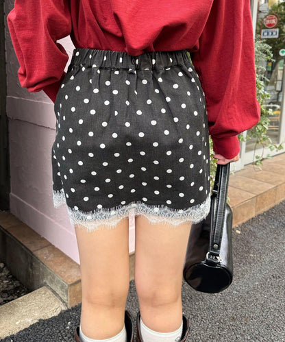 〈波點/條紋/純色〉蕾絲拼接下襬迷你裙