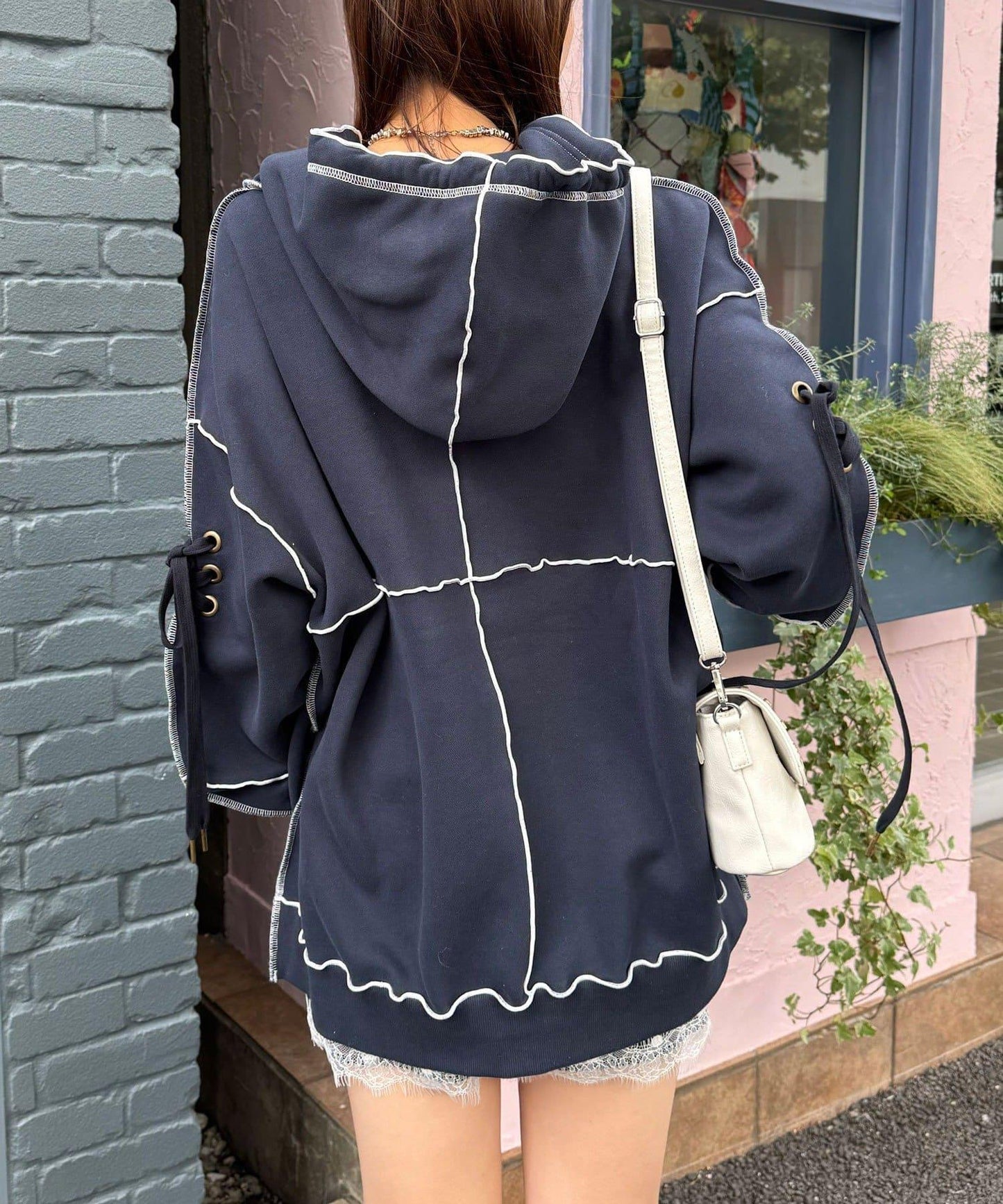 內加絨蕾絲袖邊波浪邊連帽衛衣