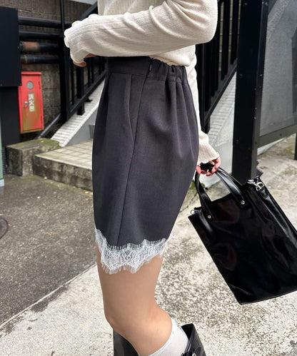 〈波點/條紋/純色〉蕾絲拼接下襬迷你裙