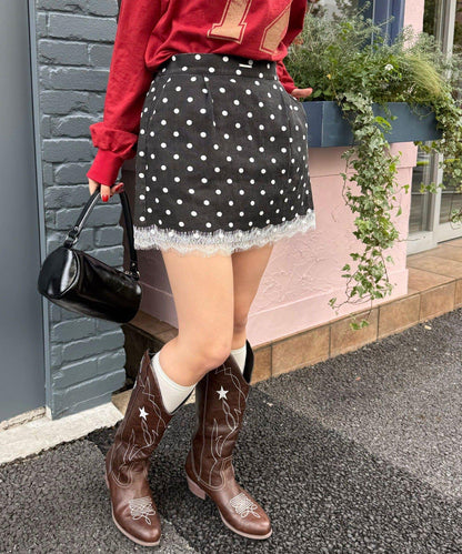 〈波點/條紋/純色〉蕾絲拼接下襬迷你裙