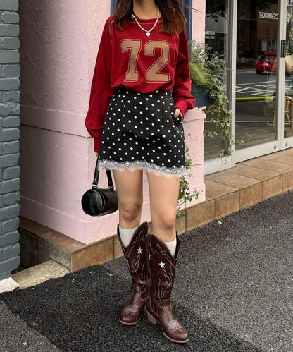 〈波點/條紋/純色〉蕾絲拼接下襬迷你裙