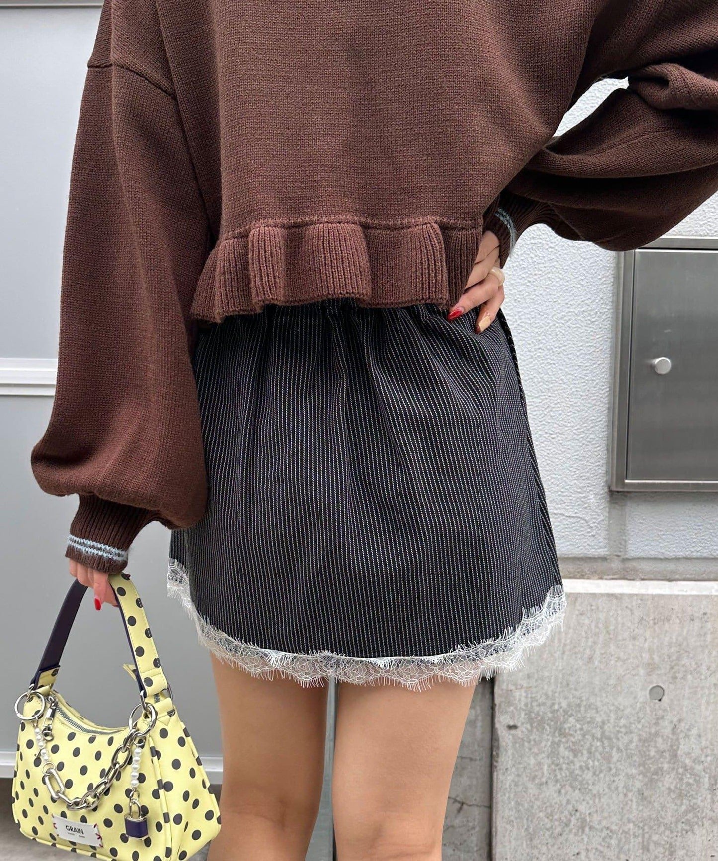 〈波點/條紋/純色〉蕾絲拼接下襬迷你裙