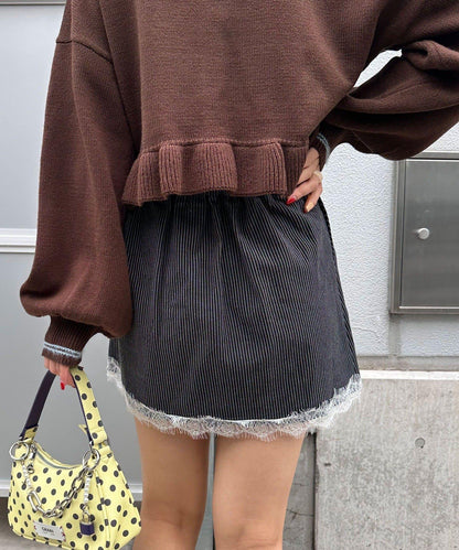 〈波點/條紋/純色〉蕾絲拼接下襬迷你裙