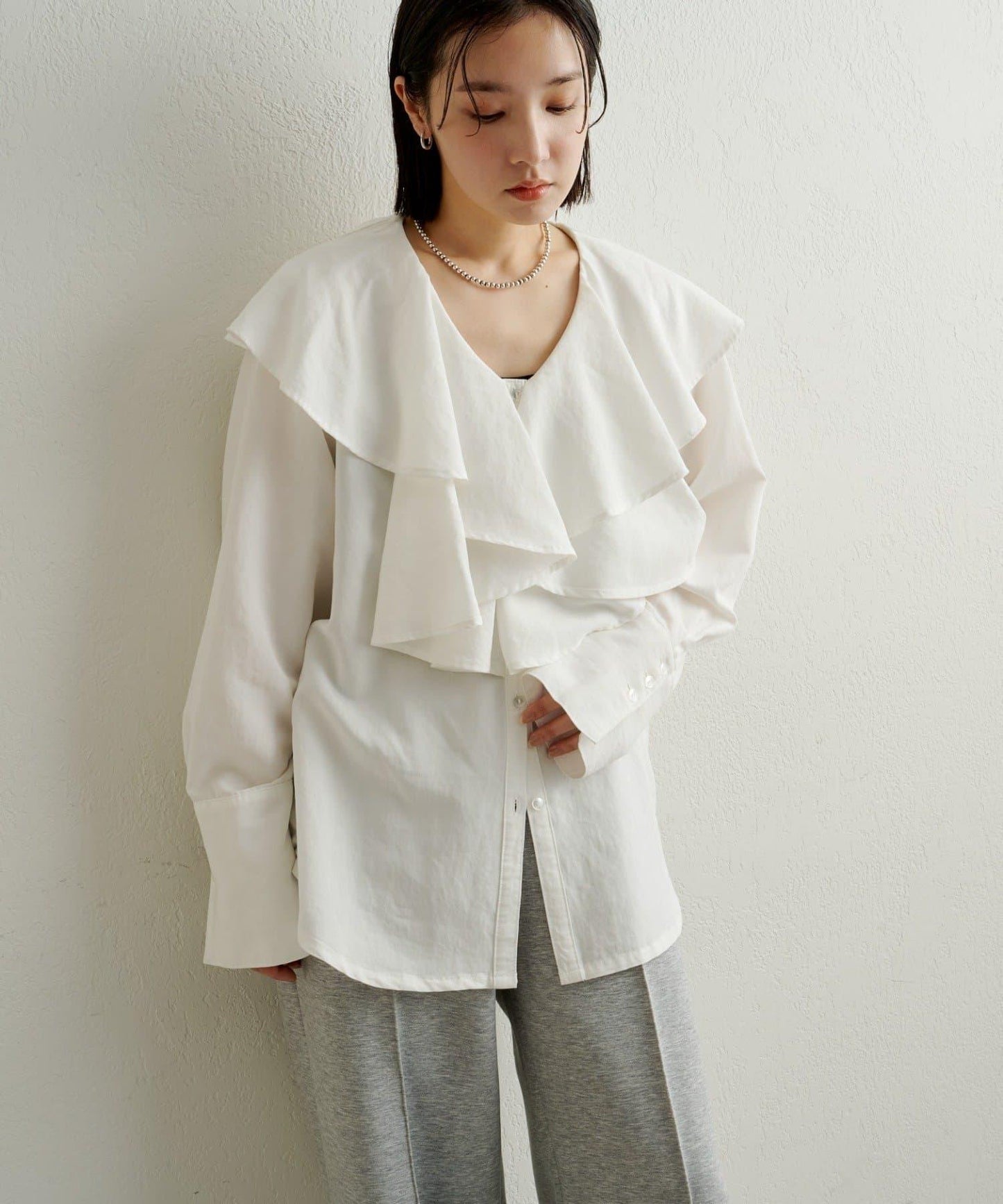 【可搭配套裝穿著◎】仿水洗荷葉邊襯衫