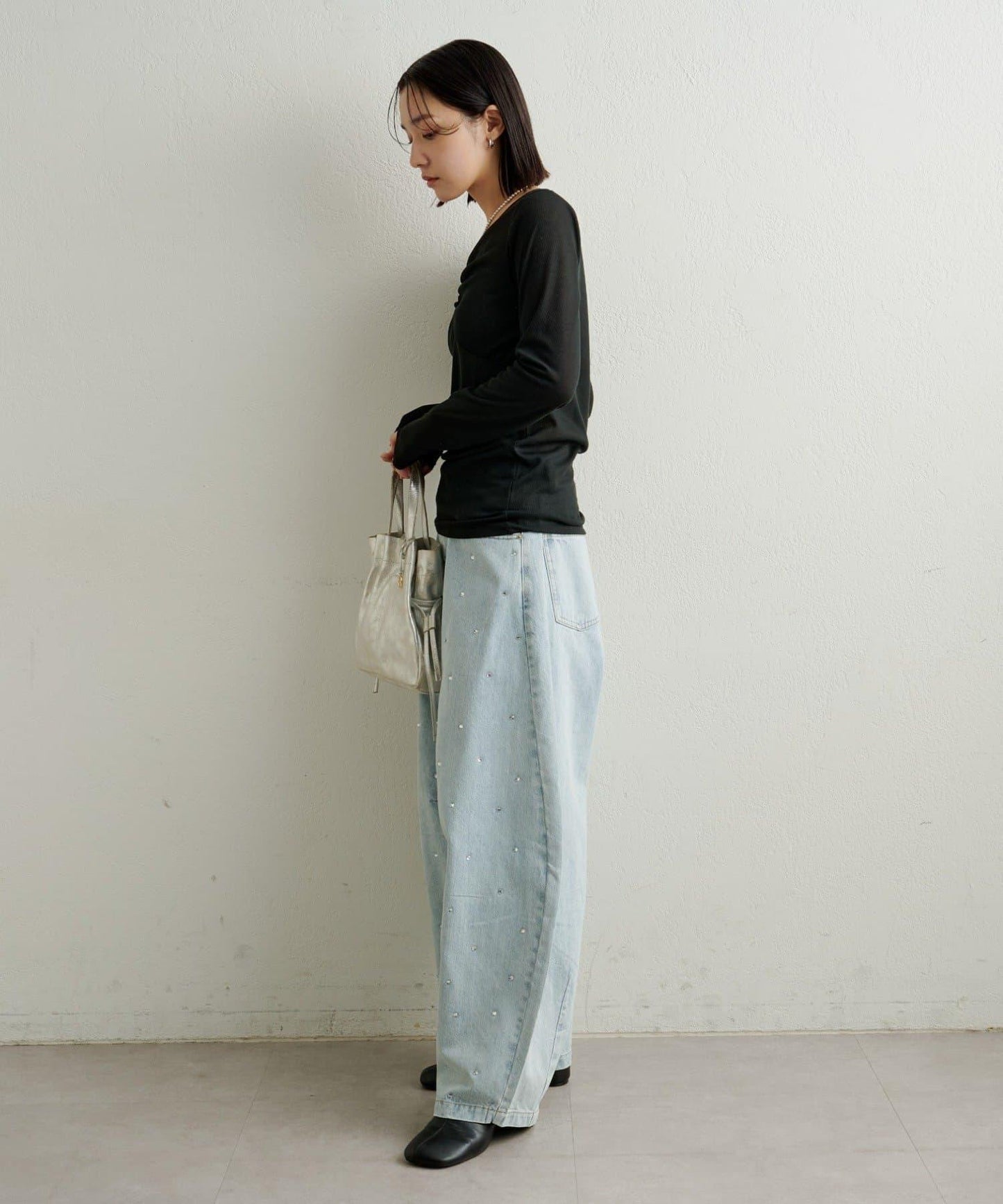 緞面拼接長袖T恤