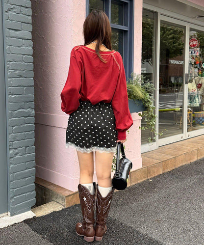 〈波點/條紋/純色〉蕾絲拼接下襬迷你裙