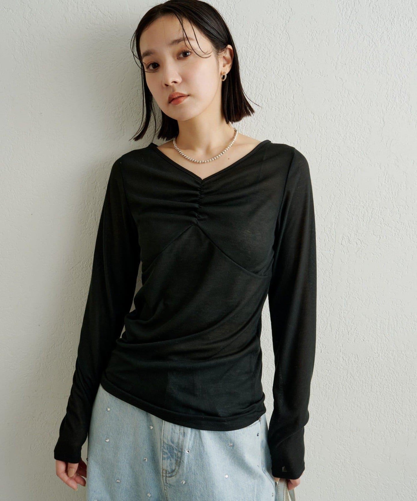 緞面拼接長袖T恤